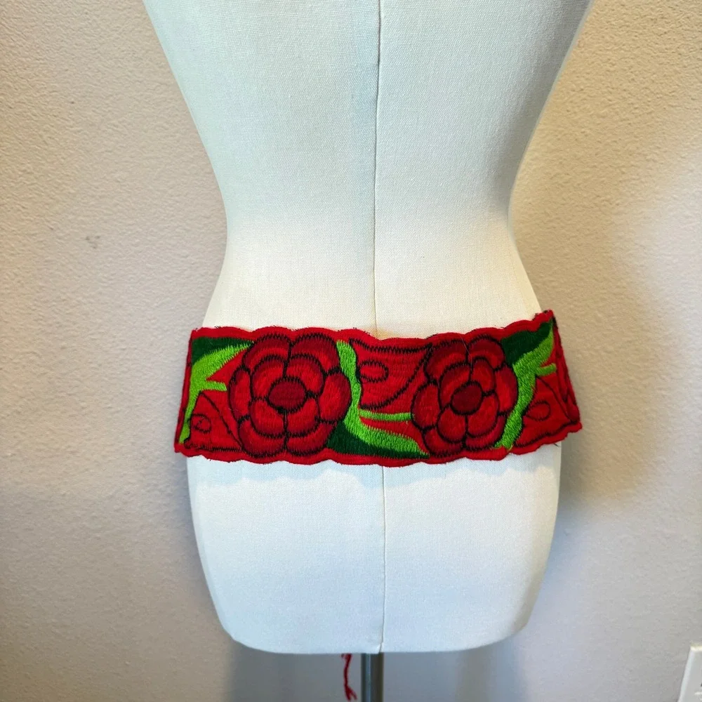 Red Floral Embroidered Sash Belt Wide Scalloped Rose Waist Tie Boho Folk